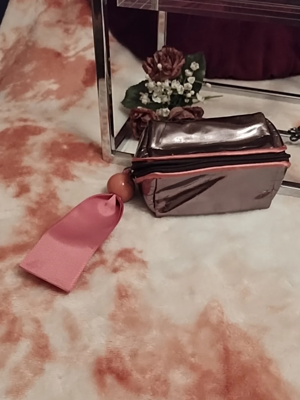 MAC Metallic Pink Mini Cosmetic Pouch with Pink Ribbon Pull